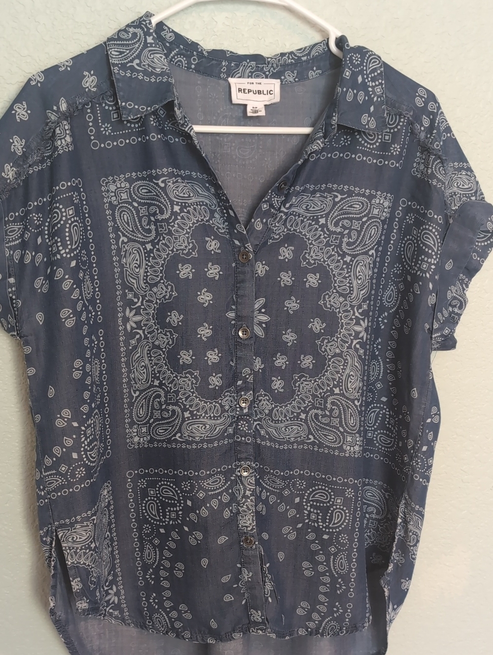 For The Republic Blue Bandana-Print Button Down Shirt Lyocell